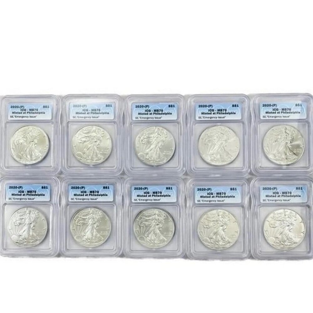 2020 (P) SILVER EAGLE ICG MS70 EMERGENCY ISSUE MINTED AT PHILADELPHIA MINT LABEL